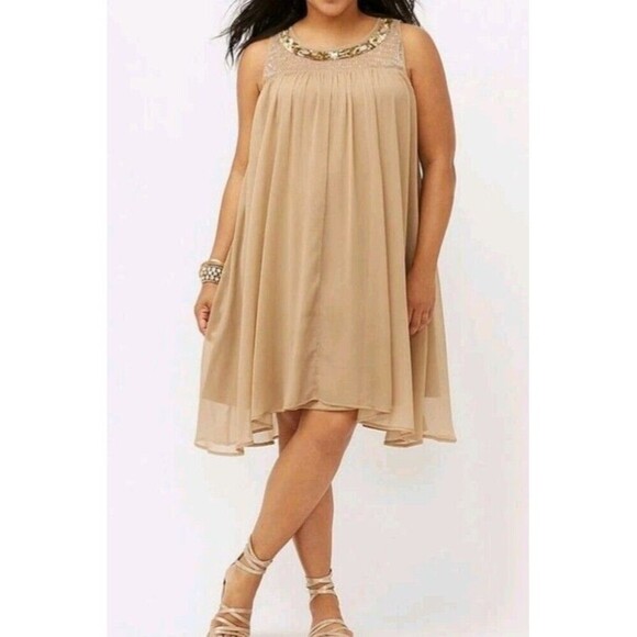 Lane Bryant Sleeveless Dress Womens 26 Taupe Brown Crepe Beaded Sequined Sheath - Picture 1 of 7